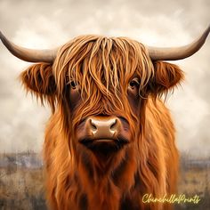 a painting of a long haired bull with horns on it's head, looking at the camera