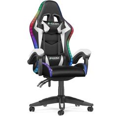 a black and white gaming chair with rainbow trimmings on the back, sitting in front of a white background