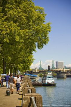 people are walking along the water near some trees and boats in the water with buildings in the background