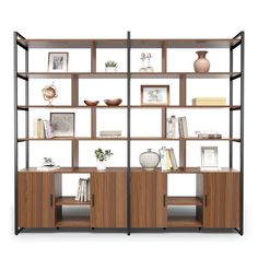 an open bookcase with shelves and vases on the top one shelf is made out of wood