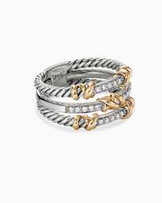 David Yurman | Petite Helena Wrap Three Row Ring in Sterling Silver with 18K Yellow Gold and Diamonds, 12mm David Yurman Ring, David Yurman Bracelet, Silver Bracelets For Women, Cable Bracelets, Gold Threads, Customer Care, Chains For Men, High Jewelry, David Yurman