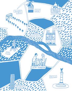 a blue and white drawing of a map with buildings, water, and people on it