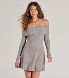 Channel that cute and cozy vibe in this adorable soft ribbed knit mini dress featuring an off-the-shoulder straight neckline with a fold-over design, long fitted sleeves, and a short A-line silhouette. Style with knee-high boots for a fall date!Fit & FeaturesSoft ribbed knit fabricOff-the-shoulder straight neckline, fold-over designLong fitted sleevesMini-length A-line fitRuns true to size Orange Homecoming Dresses, Purple Homecoming Dress, Backless Dress Short, Green Homecoming Dresses, Beach Wedding Guest Dress, White Homecoming Dresses, Lace Dress Styles, Homecoming Outfits, Red Homecoming Dresses