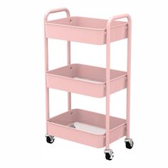 a pink cart with three shelves on wheels