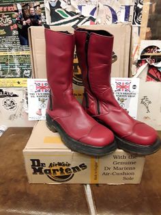 These Red biker style boots by Dr Martens are a very good quality for sure. The Red waxed leather upper is thick,strong and very durable.  It has a nice cushioned sole that's an all in o e piece with a slightly thicker wedged heel. They have side zips for ease of use. They are a uk size 5, European 38, ladies USA 7 Red Leather Round Toe Work Boots, Red Leather Work Boots With Round Toe, Red Steel Toe Work Boots With Round Toe, Red Leather Outdoor Boots, Red Leather Boots For Outdoor, Red Boots For Fall Streetwear, Red Punk Platform Boots With Round Toe, Red Leather High-top Work Boots, Red Leather Combat Boots With Round Toe