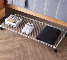 This Rolling Underbed Storage Shelf is a room necessity that organizes your bulky items, creates hidden under-bed storage space, and is easily mobile when needed. Great for holding bedding, oversized blankets, clothes, shoes, textbooks, food, soda cans, bottled water, or anything else that you can tuck under your bed and pull out when you need it. Their Rolling Underbed Storage Shelf is made to be the width of your Twin or Twin XL bed, maximizing Rolling Underbed Storage, Dorm Bedding Twin Xl, Storage Hacks Diy, Dorm Supplies, Dorm Storage, Underbed Storage, Wire Shelf, Decor Studio, Rolling Storage