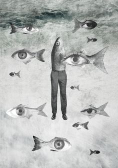 a drawing of a man standing in the middle of an ocean with fish around him