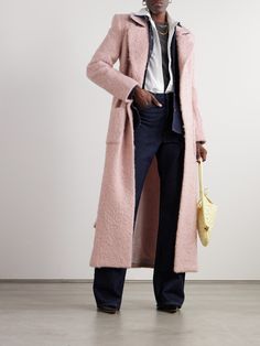 Exacting cuts and beautiful colors are just two reasons why so many incredible women turn to Sergio Hudson when building out their wardrobes. This coat is made from plush mohair and wool-blend in a soft blush shade and has padded shoulders for structure. Use the self-tie sash to define the longline shape. Pink Coat Street Style, Blush Pink Outfit, Sergio Hudson, Pink Coat, Sports Skirts, Loungewear Shorts, Sports Suit, Shearling Jacket