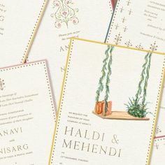 the wedding cards are decorated with flowers and plants in vases on top of each other