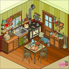 a cartoon kitchen with an oven, table and chairs