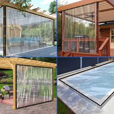 four pictures of different types of outdoor furniture and privacy screens on the outside of a house