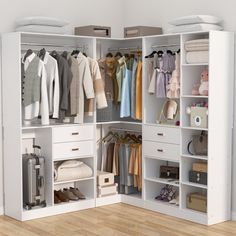 an open closet with clothes and suitcases