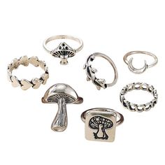 mushroom aesthetic ring set boogzel apparel Rings Goblincore, Edgy Silver Jewelry, Mushroom Rings, Grunge Rings, Gremlin Core, Grunge Ring, Fairy Rings, Boogzel Apparel, Mushroom Ring