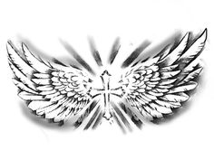 a black and white drawing of an angel wing with a cross on it's side