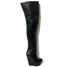 Rare, Monica Chiang Thigh High Over The Knee Black Leather Gold Studs Spikes Covered Wedge Boots Size 39. They Are Not Thick Thigh Friendly. They Are Absolutely Beautiful And Will Surely Be Show Stoppers. Size 39 6 Inch Covered Wedge 9 Inch Inside Zip Approx. 10 Inch From Heel To Toe. Approx 32 Inches Thigh To Sole. Beautiful Comes With Box. Rare, Never Worn Monica Chiang Thigh High Over The Knee Black Leather Gold Studs Spikes Covered Wedge Boots Size 40. I've Had These For A While, But Could Not Wear Them. They Are Not Thick Thigh Friendly. They Are Absolutely Beautiful And Will Surely Be Show Stoppers. Size 40 5.5 To 6 Inch Covered Wedge With Front Platform Wedge Of 2” 9 Inch Inside Z Evening Thigh-high Faux Leather Boots, Fitted Thigh-high Faux Leather Platform Boots, Black Platform Knee-high Wedge Boots, Luxury Black Knee-high Wedge Boots, Edgy Leather Thigh-high Platform Boots, Studs And Spikes, Platform Wedge, Wedge Boots, Platform Wedges