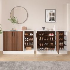 a living room filled with furniture and lots of shoes on the shelves in front of a mirror