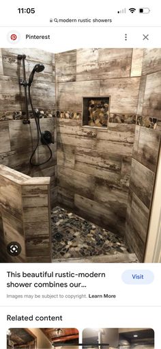 the bathroom is decorated with wood planks and has a walk - in shower area