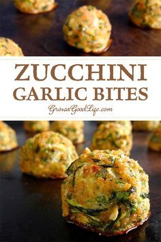 zucchini garlic bites on a baking sheet with the title in the middle above it