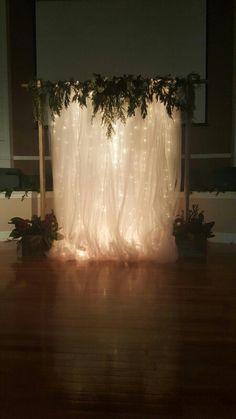 a white curtain with lights behind it and some plants on the floor next to it