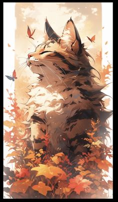 a painting of a cat surrounded by leaves