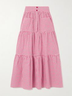 Loretta Caponi's 'Nuvola' skirt has been made locally to the brand in a small Tuscany workshop to ensure top quality. Cut from checked cotton-poplin, it sits at the waist and has gathered tiers that create pretty volume. Wear yours with the coordinating top in our edit or pare it back with a simple tank. Time Clothes, Classic Skirts, Navy Skirt, Beauty Clothes, Julia Roberts, Clothes Collection, Playing Dress Up, Cotton Poplin, Diy Fashion