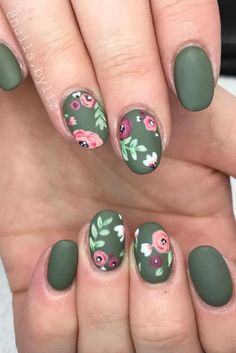 Who needs a green thumb when you've got petals on your fingers? Olive Nails, Unghie Nail Art, Floral Nail Designs, Floral Nail, Cute Nail Art Designs, Green Nail, Flower Nail Designs, Spring Nail Art, Flower Nail Art