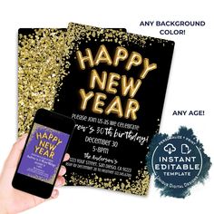 a hand holding up a phone with the text happy new year on it and gold confetti