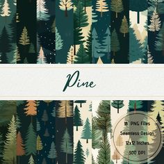 pine trees are featured in this graphic design