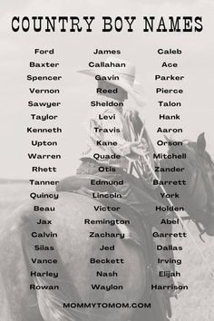 a cowboy riding on the back of a brown horse in a field with names written below