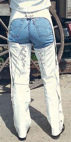 White Leather Chaps w/Adjustable Back & Thigh Lacing #C6028LLW White Toms Outfit, Chaps For Women, Timberlands Outfit, Fringe Outfit, Womens Motorcycle Fashion, Toms Outfits, Motorcycle Chaps, Leather Chaps, Fringe Clothing