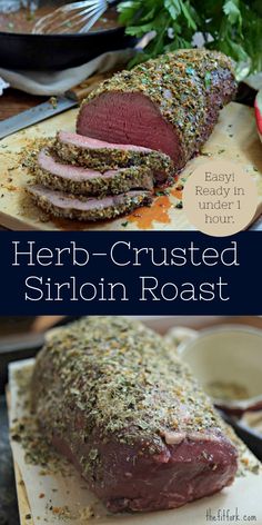 there is a roast beef with herbs on it and the words herb crusted sirin roast