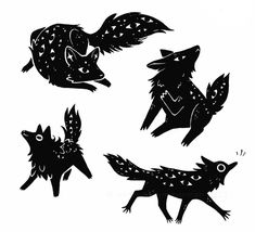 four black and white drawings of foxes with their tails spread out to the side,