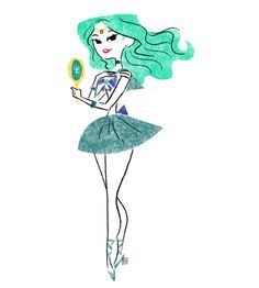 a drawing of a girl with green hair and blue eyes holding a mirror in her hand