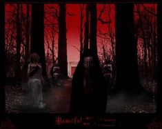 two creepy people standing in the woods at night with red light coming from behind them