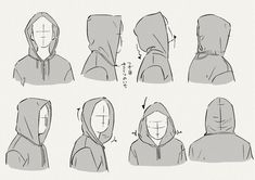 how to draw a hooded jacket with the hood pulled up in four different ways, from front and back view