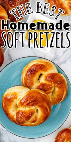 homemade soft pretzels on a blue plate with text overlay that reads the best homemade soft pretzels