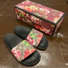 These Sandals Are In Brand New Condition And They Are A Size European 37 Which Is An American 6! Gucci Flower Slides, Spring Luxury Pink Slides, Gucci Flat Slides For Summer, Gucci Pink Open Toe Sandals, Gucci Slides For Summer Beach, Multicolor Designer Gucci Sandals, Designer Pink Slip-on Sandals, Designer Pink Slides For Spring, Gucci Slide Sandals For Summer