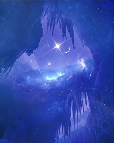 an ice cave with icicles hanging from it's ceiling and stars in the sky