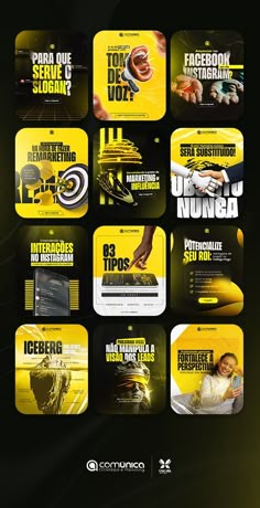 an image of a bunch of yellow and black business brochures with different logos