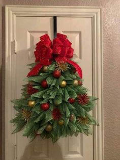 a christmas wreath hanging on a door with poinsettis and holly berries in the center