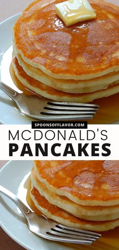 Image showing thick, fluffy pancakes served on a white plate. How To Make Thick Fluffy Pancakes, Eggs And Pancakes Breakfast, Mcdonald Pancake Recipe, Copycat Mcdonald’s Pancake, Heavy Cream Pancakes, Mcdonald’s Pancakes Recipe, Mcdonald’s Pancakes, Restaurant Style Pancakes, Mcgriddle Pancakes Recipe