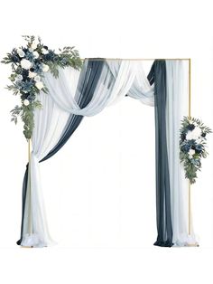 a white and blue wedding arch decorated with flowers