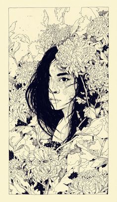 a black and white drawing of a woman surrounded by flowers