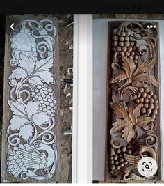 two pictures of decorative wood carvings on the side of a building, one with grapes and leaves carved into it