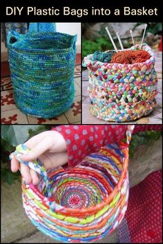 four different baskets that have been made with yarn and plastic bags in them, one is colorful