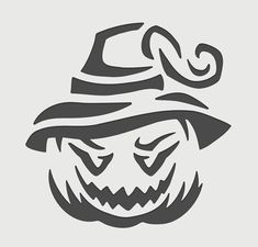 a black and white image of a pumpkin wearing a witch's hat with an evil face