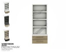 three shelves with marble and wood trims on each shelf, one in white and the other in black