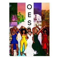 four women in different colored dresses with the word oes above them and an image of two