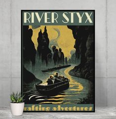 a poster with people in a boat on the river