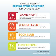 the spring event schedule is shown in three different colors, including red, yellow and green